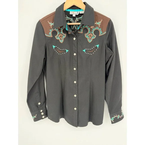 Panhandle Slim Womens L Western Shirt Black Embroidered Rhinestone Snap - Picture 1 of 11